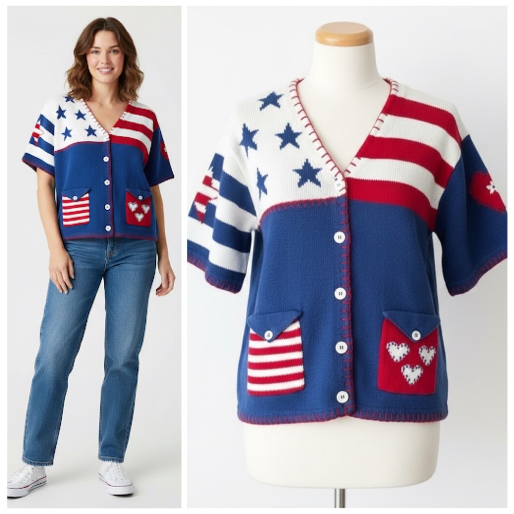 80s Vintage Americana Stars & Stripes Heart Patch Patriotic Cardigan Sweater XL - Picture 14 of 14
